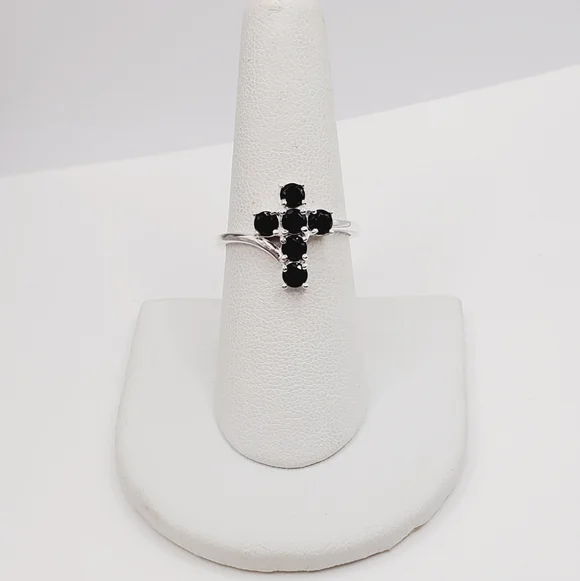 Thai Black Spinel Cross Ring in 925 Sterling Silver 1.00 ctw